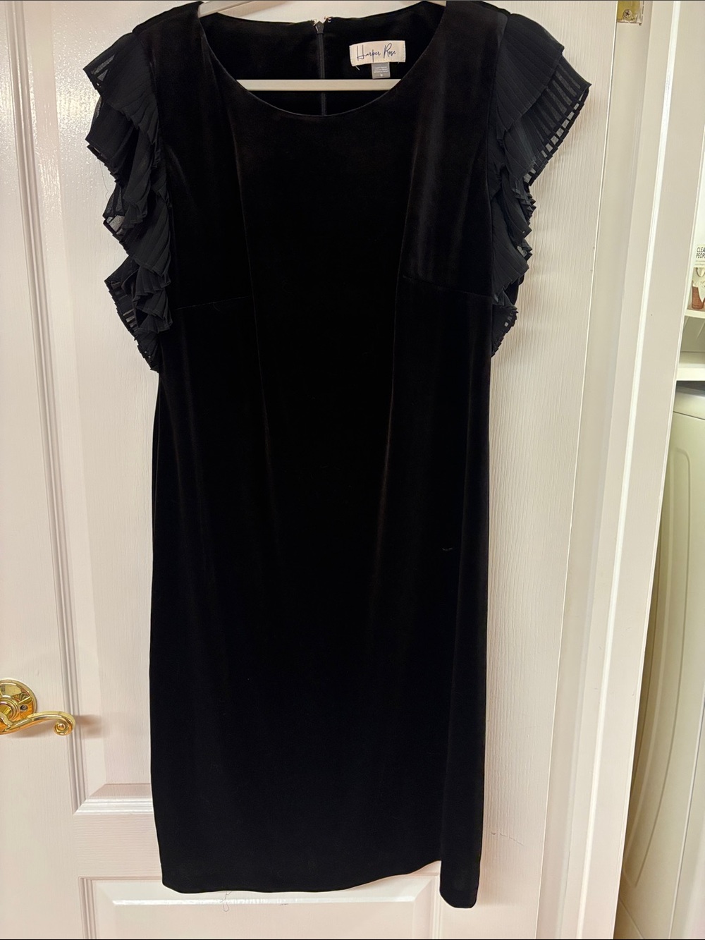 Harper Rose Black Velvet Midi Dress with Pleated Ruffle Sleeves